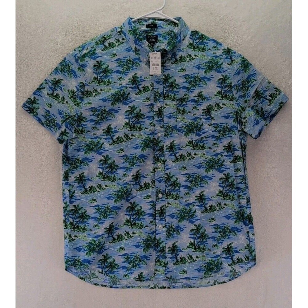 J.Crew Flex Washed Slim Hawaiian Palm Trees Button Down Short Sleeve Shirt XL